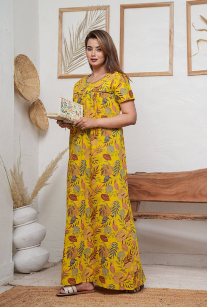 Lining Leaves Yellow Cotton Printed Nightwear Gowns