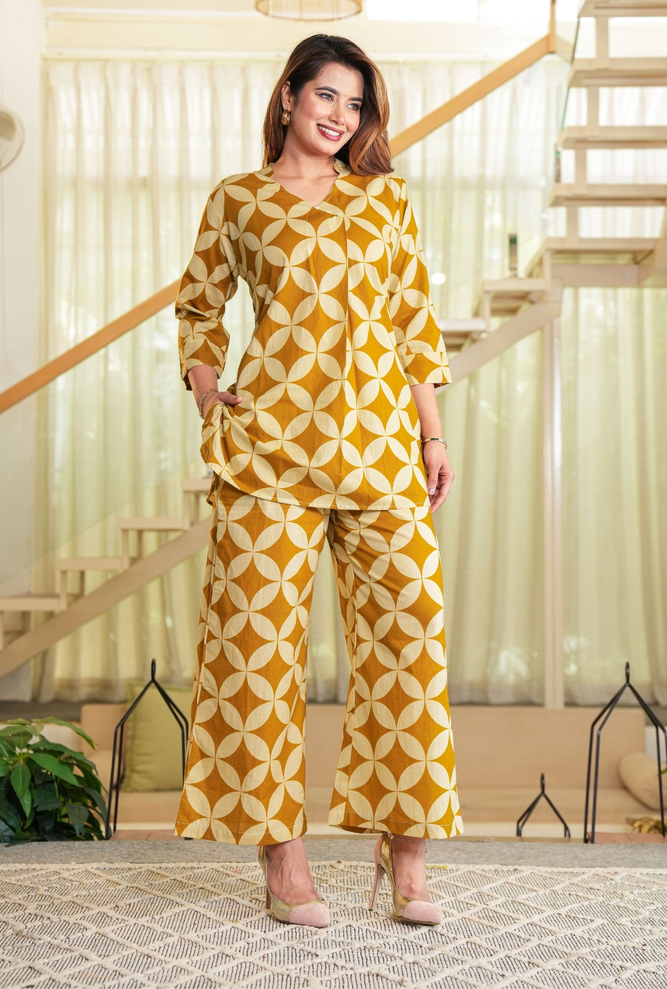 Cubika Mustard Printed Cotton Co-ords Set