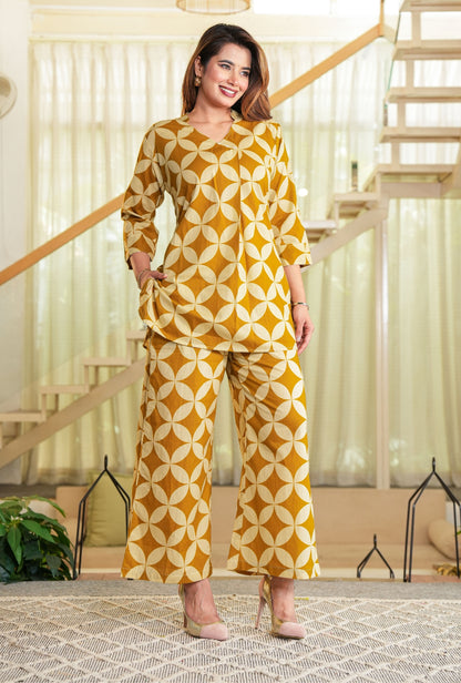 Cubika Mustard Printed Cotton Co-ords Set