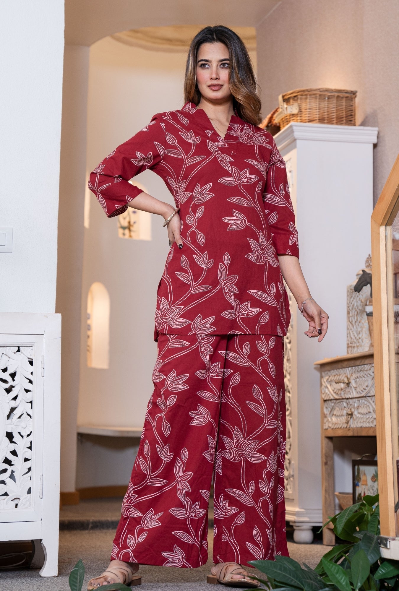 Heritage Dot Maroon Printed Cotton Co-ords Set