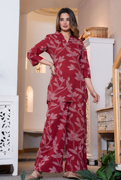 Heritage Dot Maroon Printed Cotton Co-ords Set