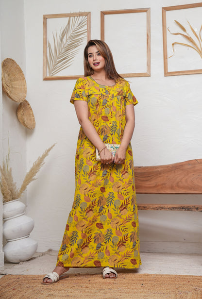 Lining Leaves Yellow Cotton Printed Nightwear Gowns