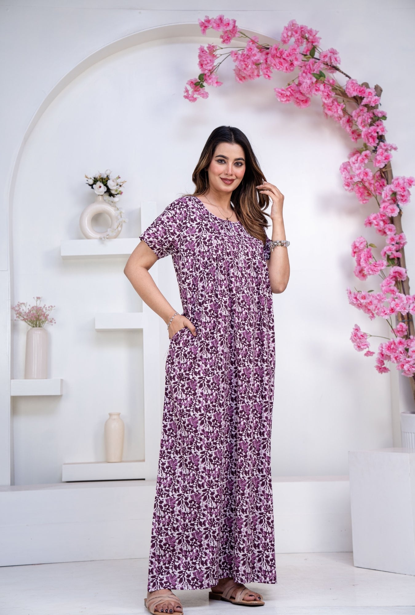 Batik Flower Purple Cotton Printed Nightwear Gowns