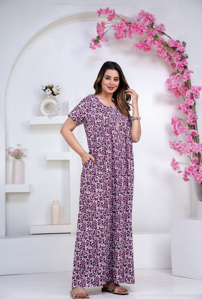 Batik Flower Purple Cotton Printed Nightwear Gowns