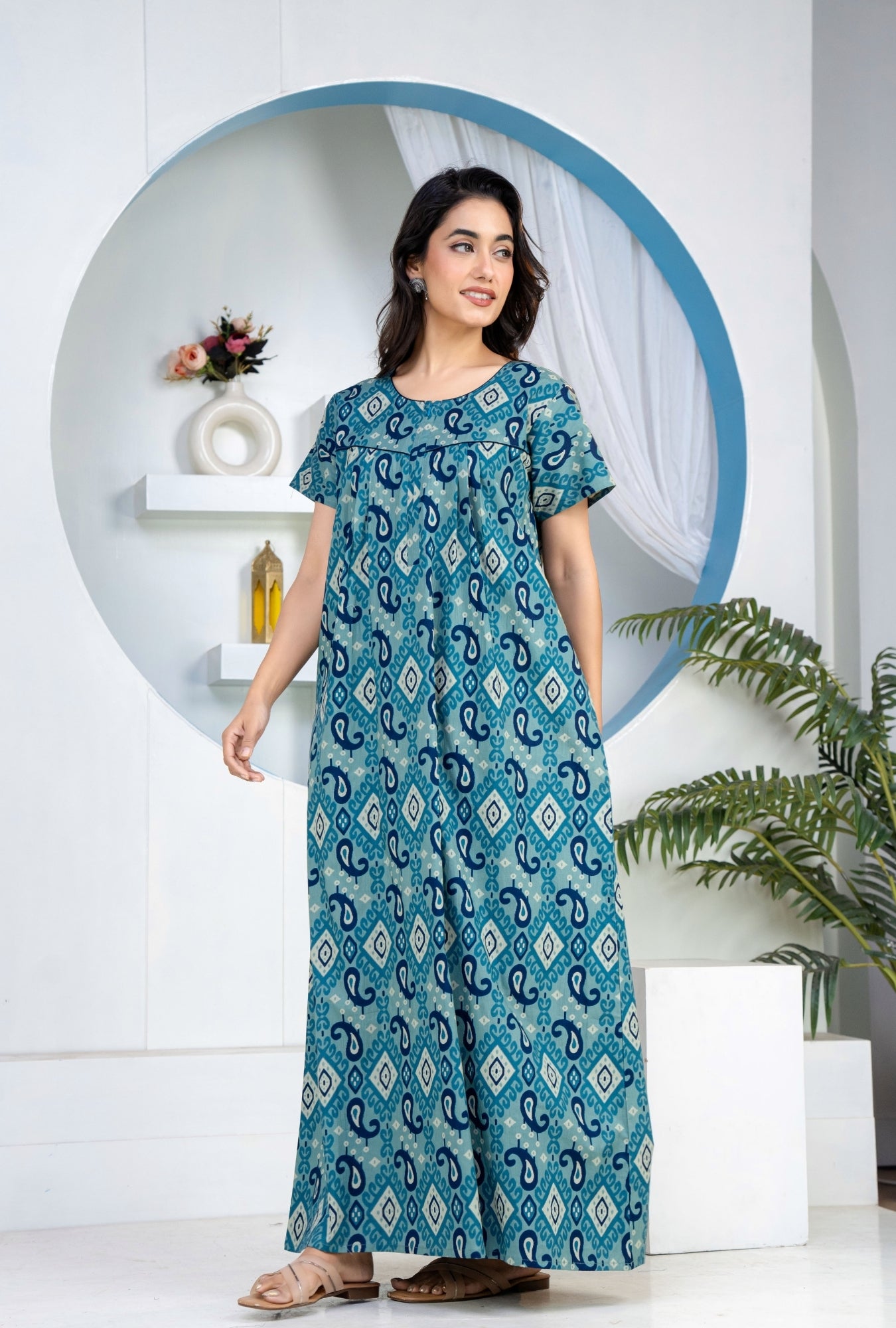 Ikkat Kairy Blue Cotton Printed Nightwear Gowns