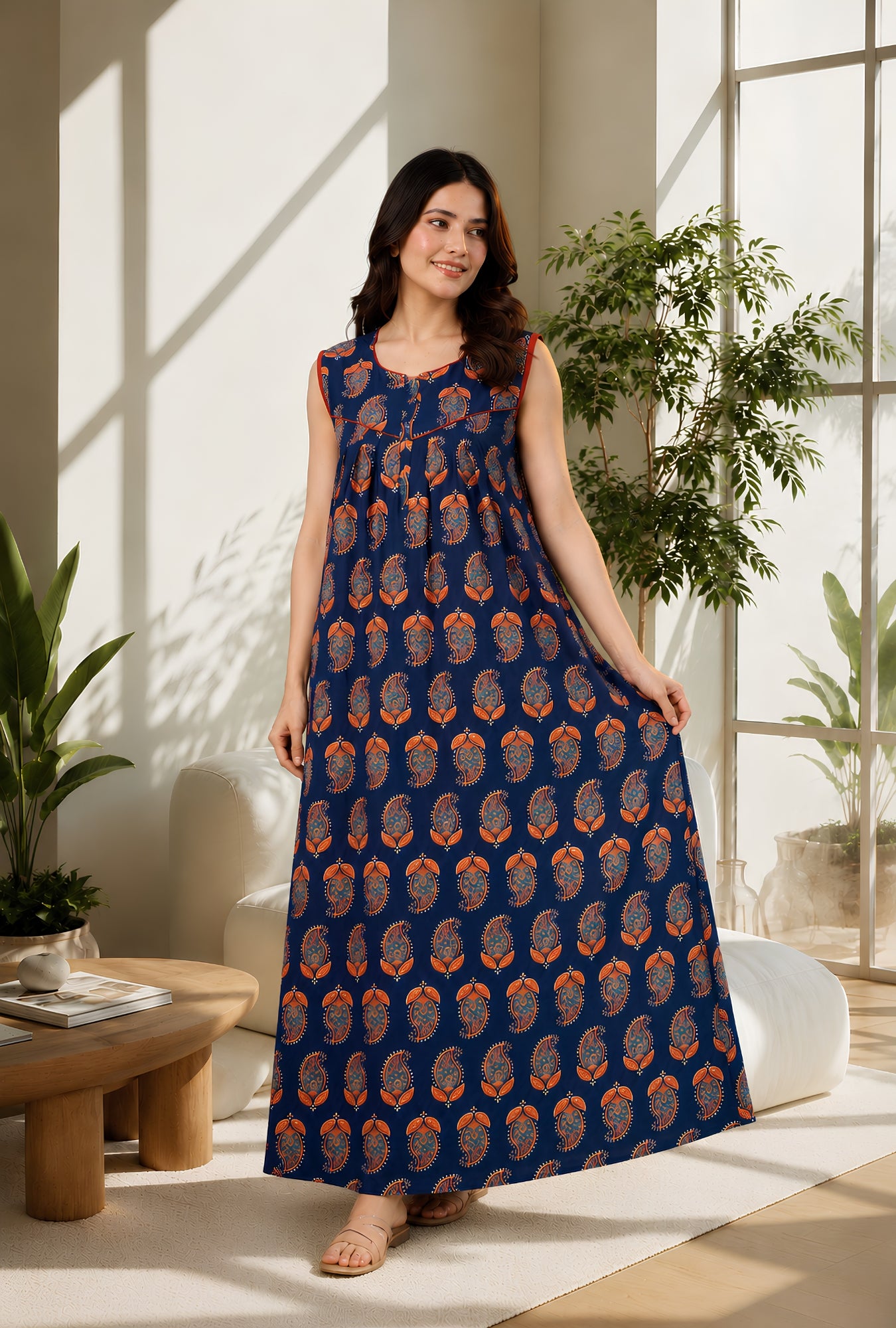 Paisley Blue Sleeveless Cotton Night Gown