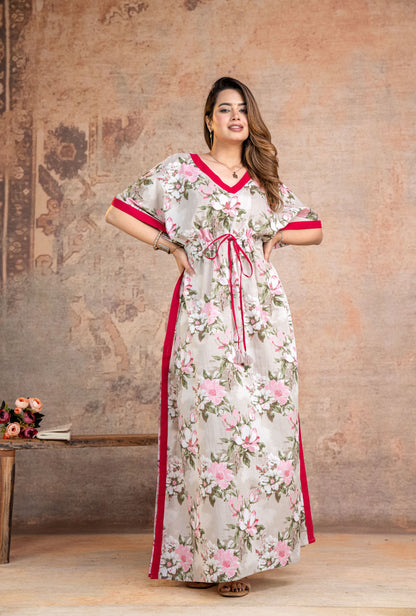 Blossom Flower Grey Loungewear Cotton Kaftan
