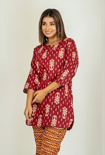 Ikat Infinity Maroon Cotton Loungewear set