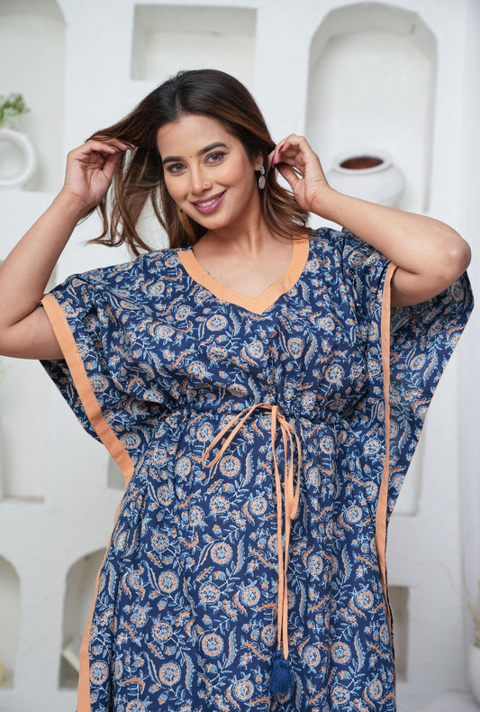 Orange Blue Flower Loungewear Cotton Kaftan