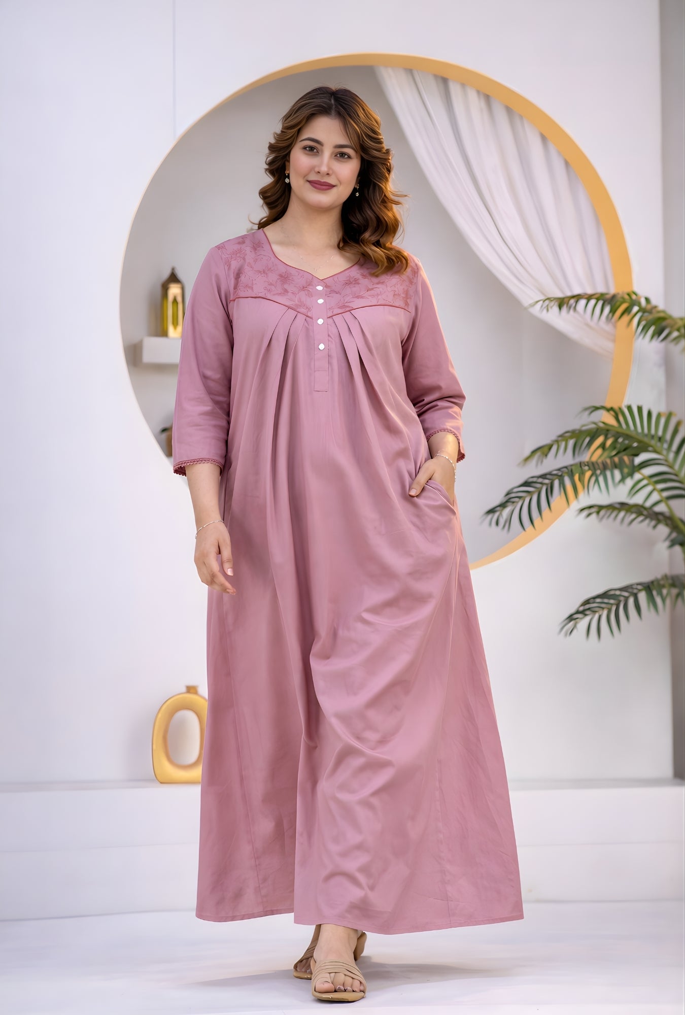 Dusty Rose Floral Embroidery Yoke Cotton Night Gown