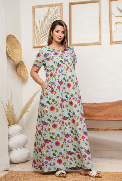 Paisley Flower Pista Cotton Printed Nightwear Gowns
