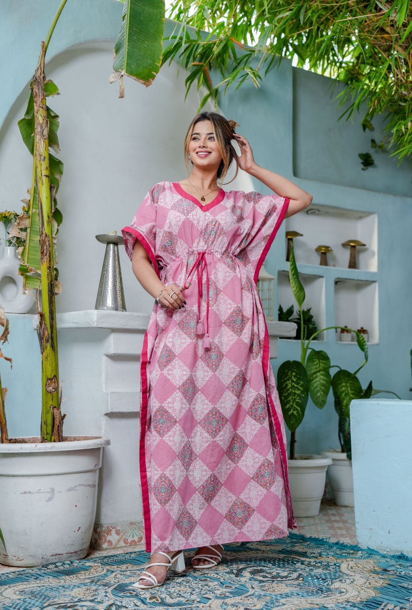 Pastel Bloom Pink Cotton Loungewear Kaftan