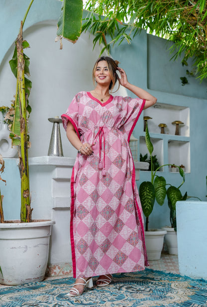 Pastel Bloom Pink Cotton Loungewear Kaftan