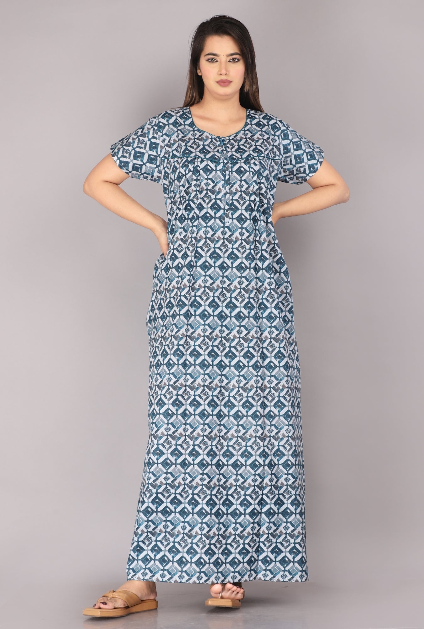 Cross Blocks Blue Cotton Printed Nightwear Gowns