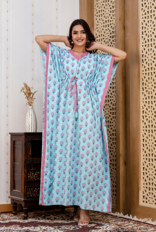 Devine Petal Sky Blue Discharge Cotton Kaftan