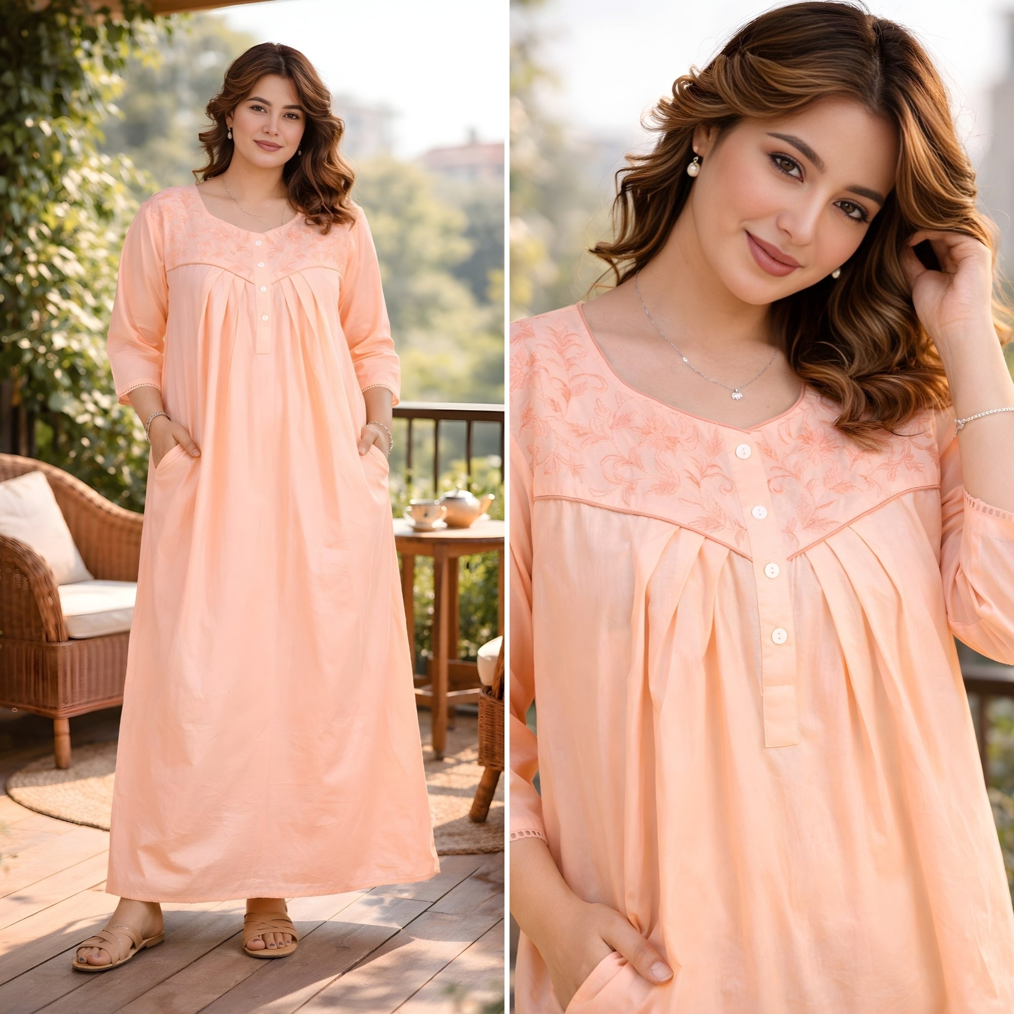 Peach Blossom Floral Yoke Cotton Night Gown