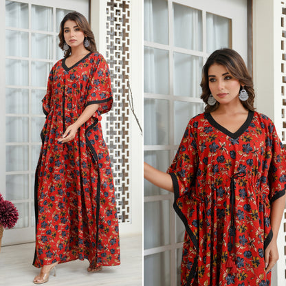 Vivid Blossom Red Printed Cotton Loungewear Kaftan