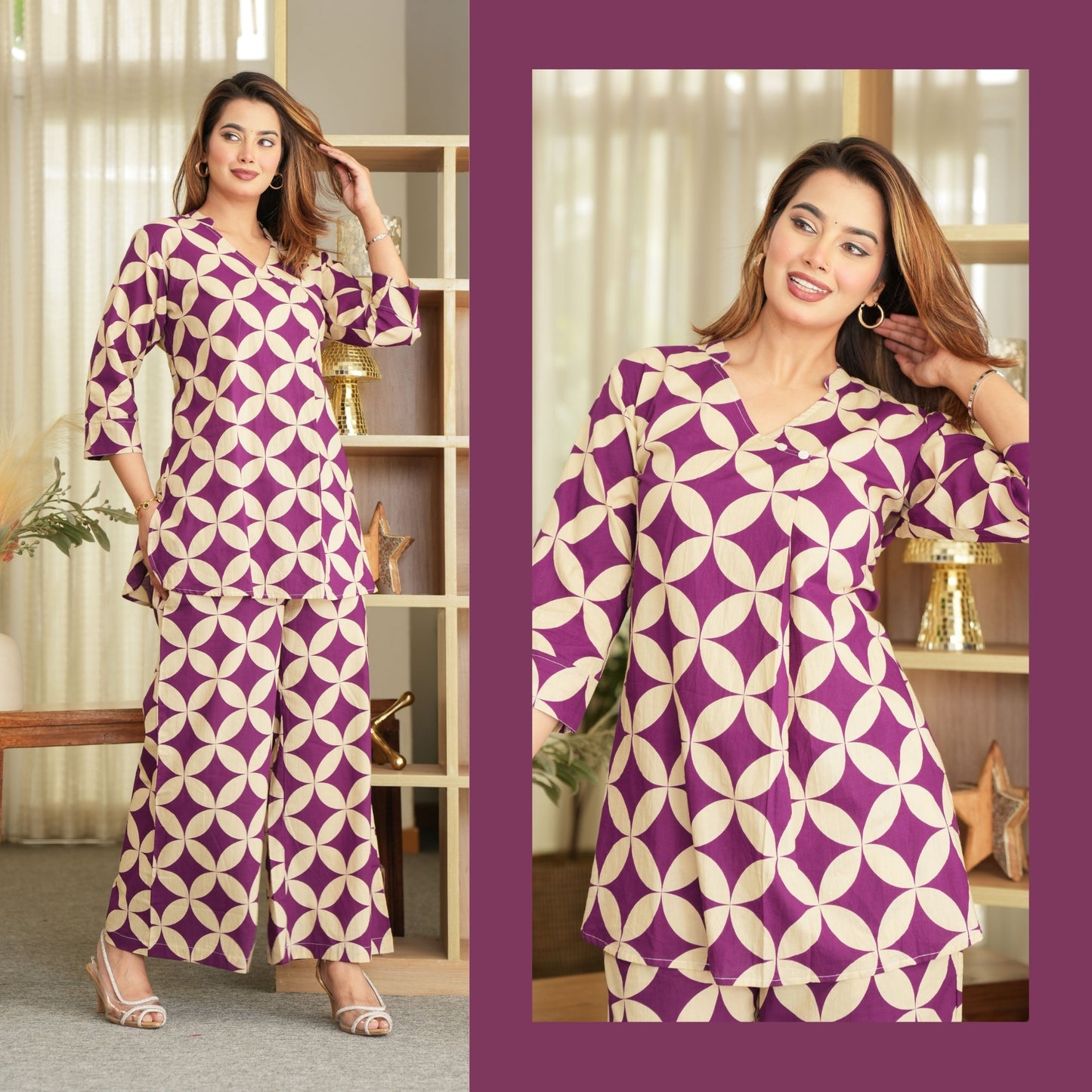 Cubika Purple Printed Cotton Co-ords Set