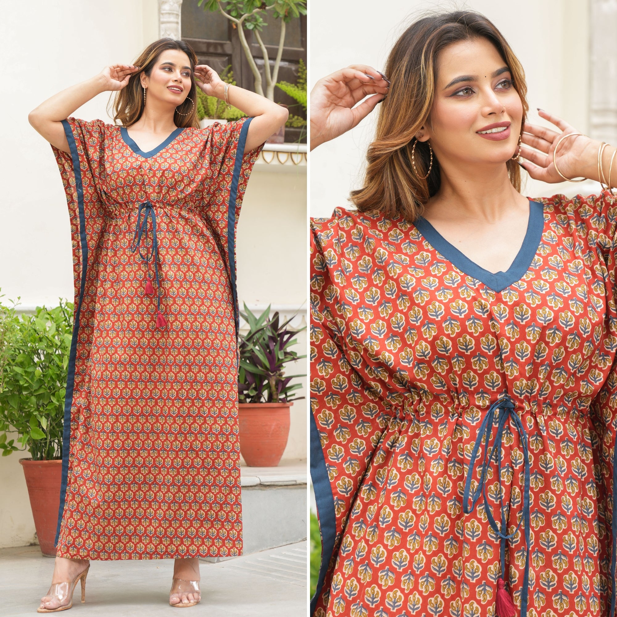 Rangrez Buti Red Loungewear Cotton Kaftan