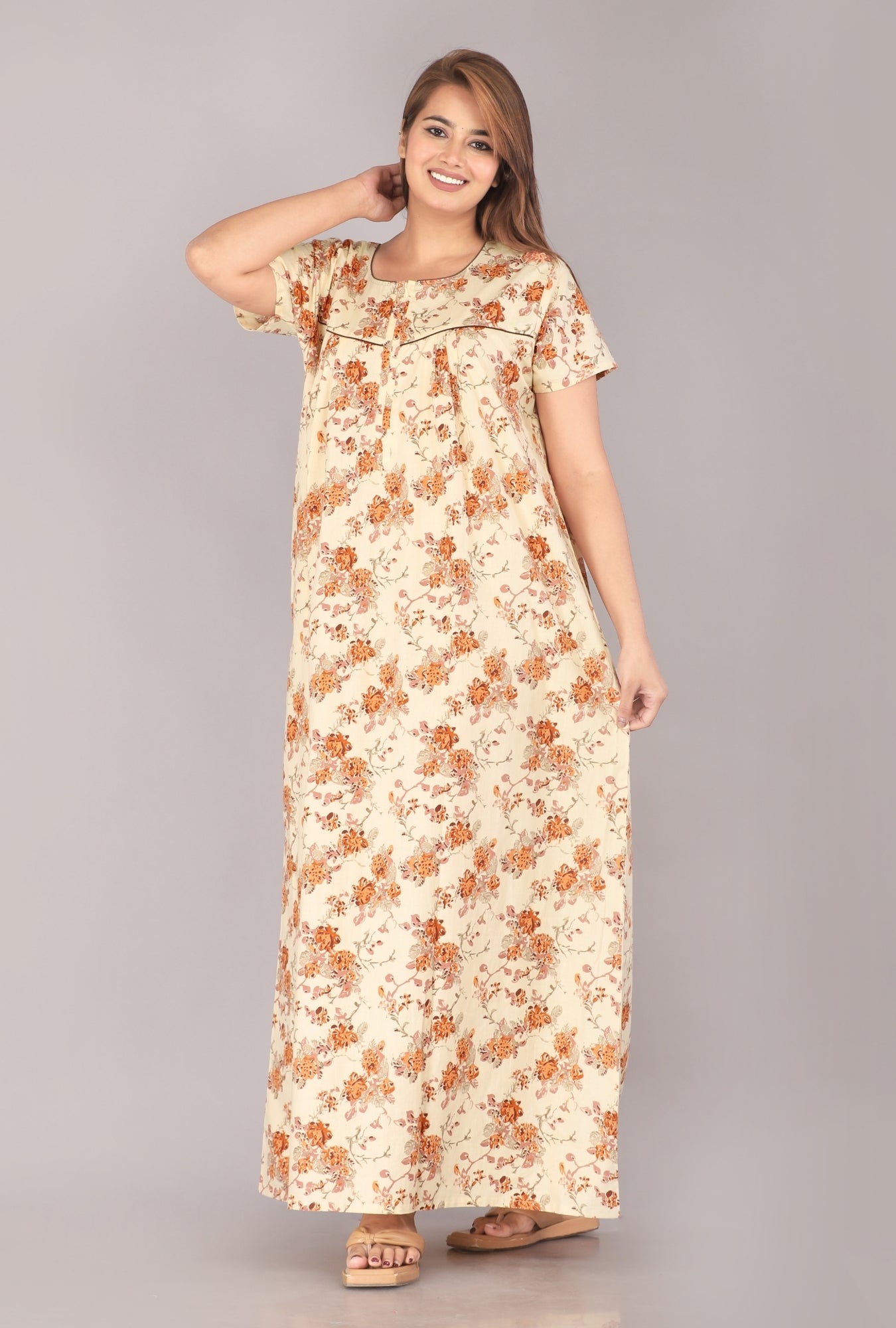 Wasp Flower Beige Cotton Printed Nightwear Gowns