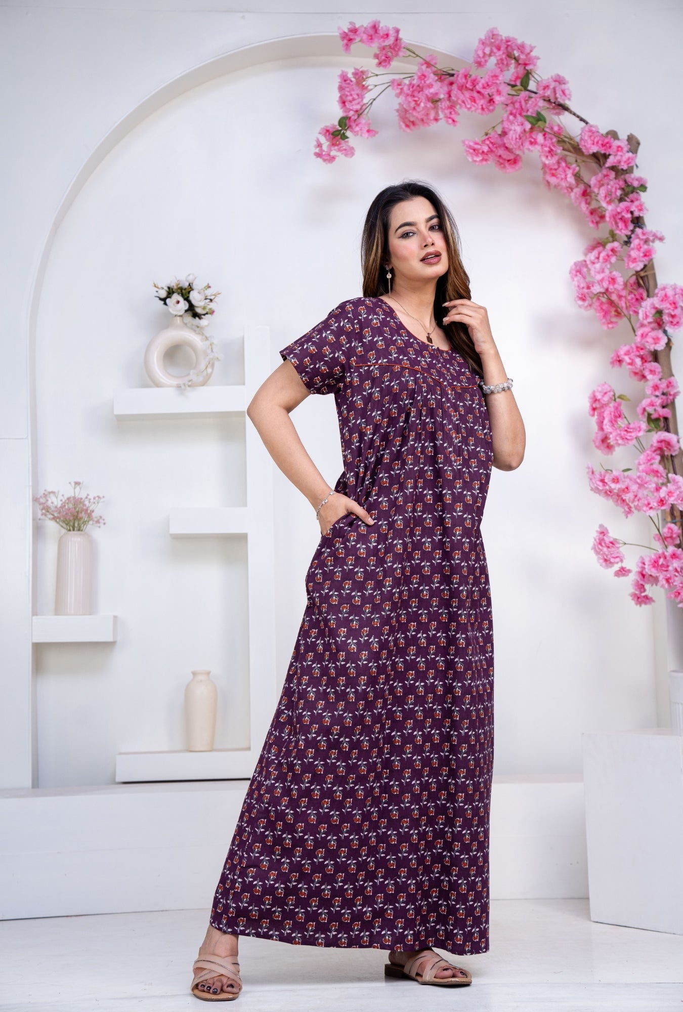 Dandelion Purple Cotton Printed Nightwear Gowns