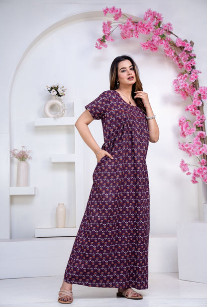 Dandelion Purple Cotton Printed Nightwear Gowns