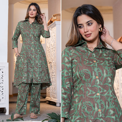 Rustic Petals Green Printed Cotton Co-ords Set