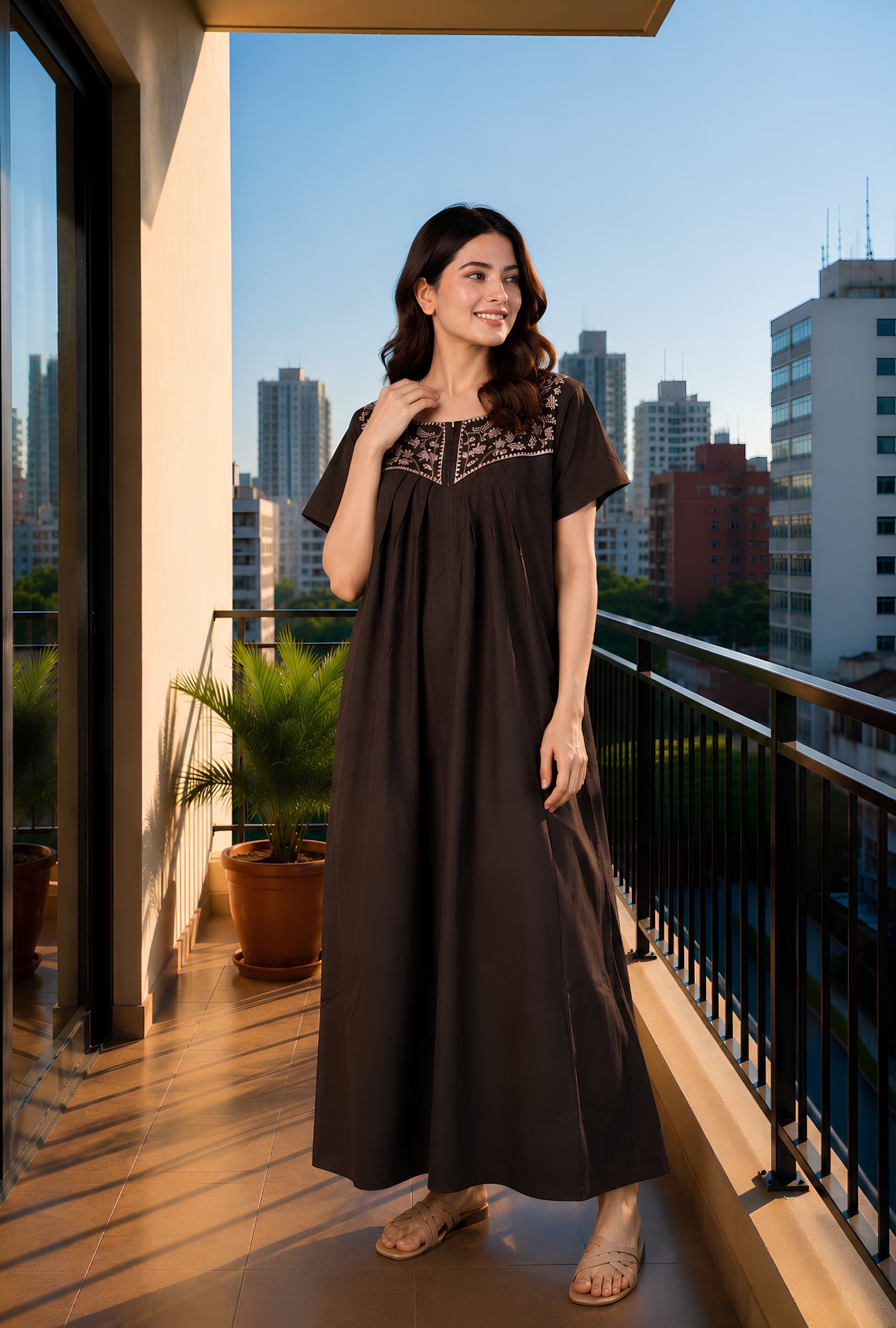 Crimson Bloom Coffee Embroidery Yoke Cotton Night Gown