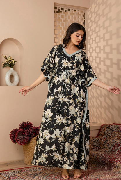 Black Botanica Printed Cotton Loungewear Kaftan