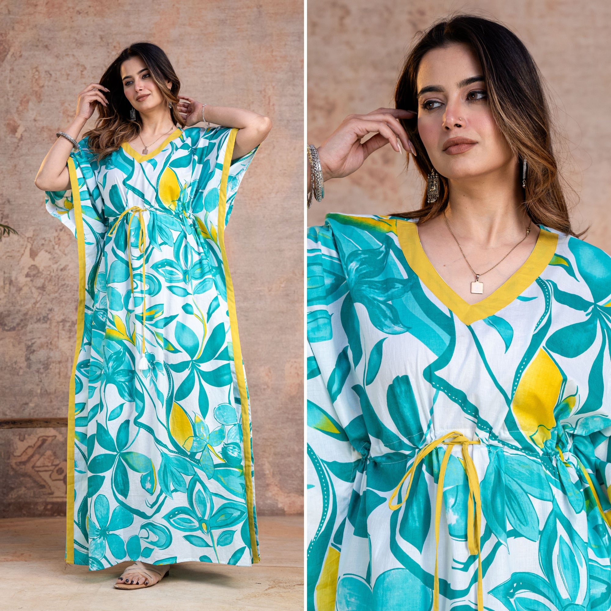 Regalia Green Yellow Loungewear Cotton Kaftan