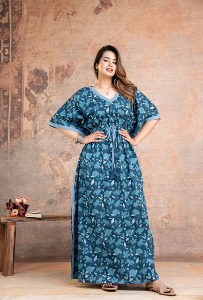 Lotus Leaves Navy Blue Loungewear Cotton Kaftan