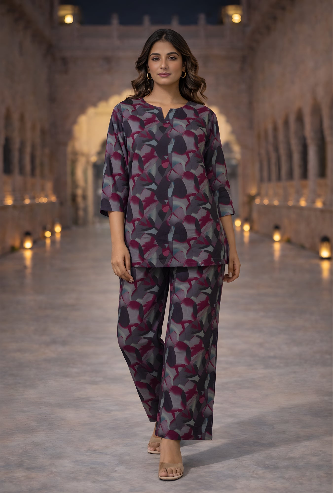Hexa Maroon Grey Cotton Loungewear Co-ords Set