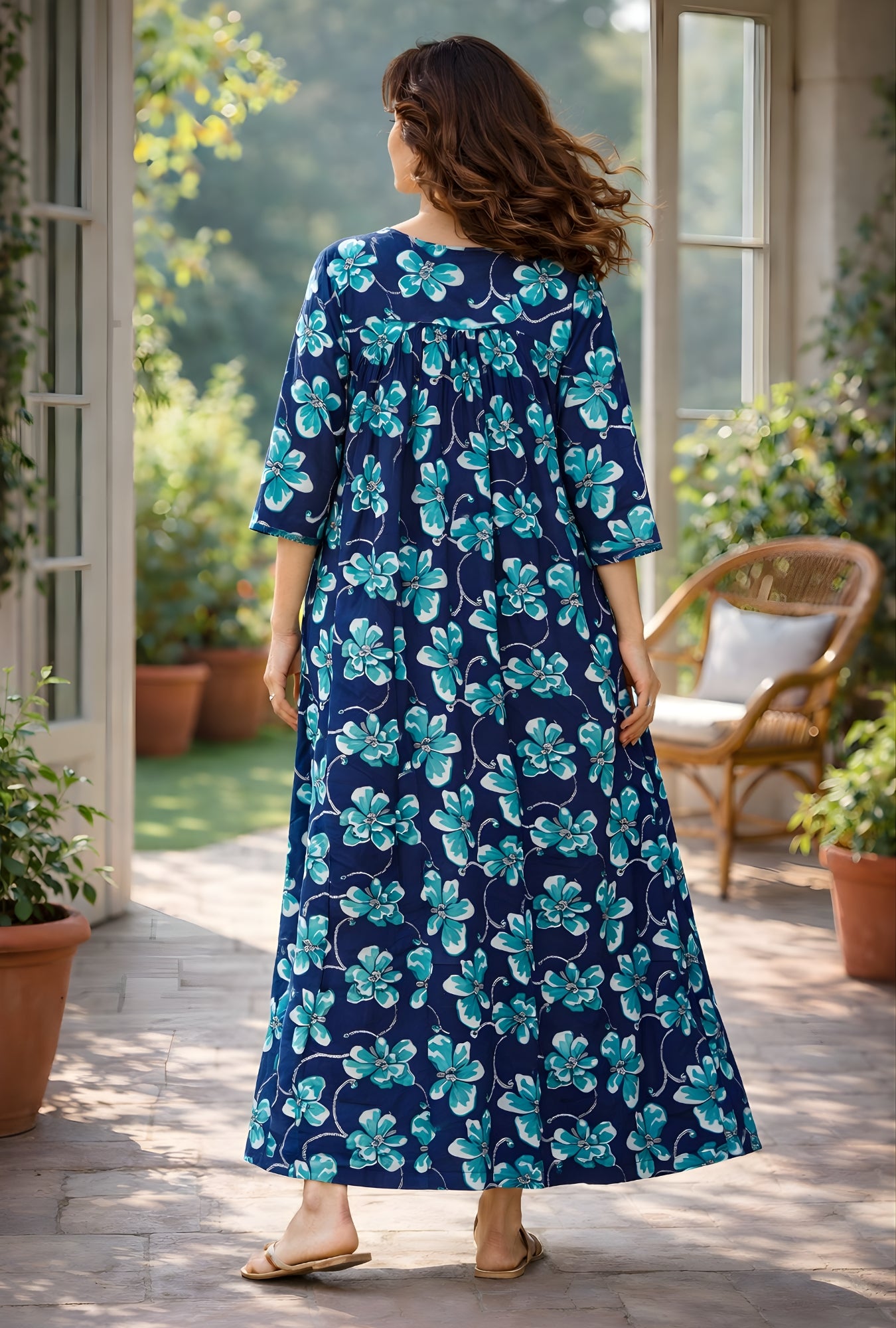 Ocean Bloom Blue Floral Cotton Night Gown