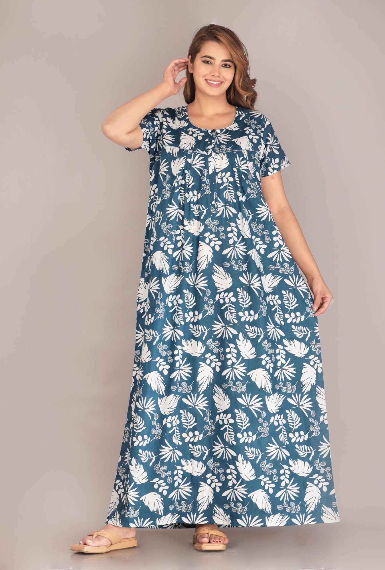 Pine Leaf Blue Cotton Printed Nightwear Gowns