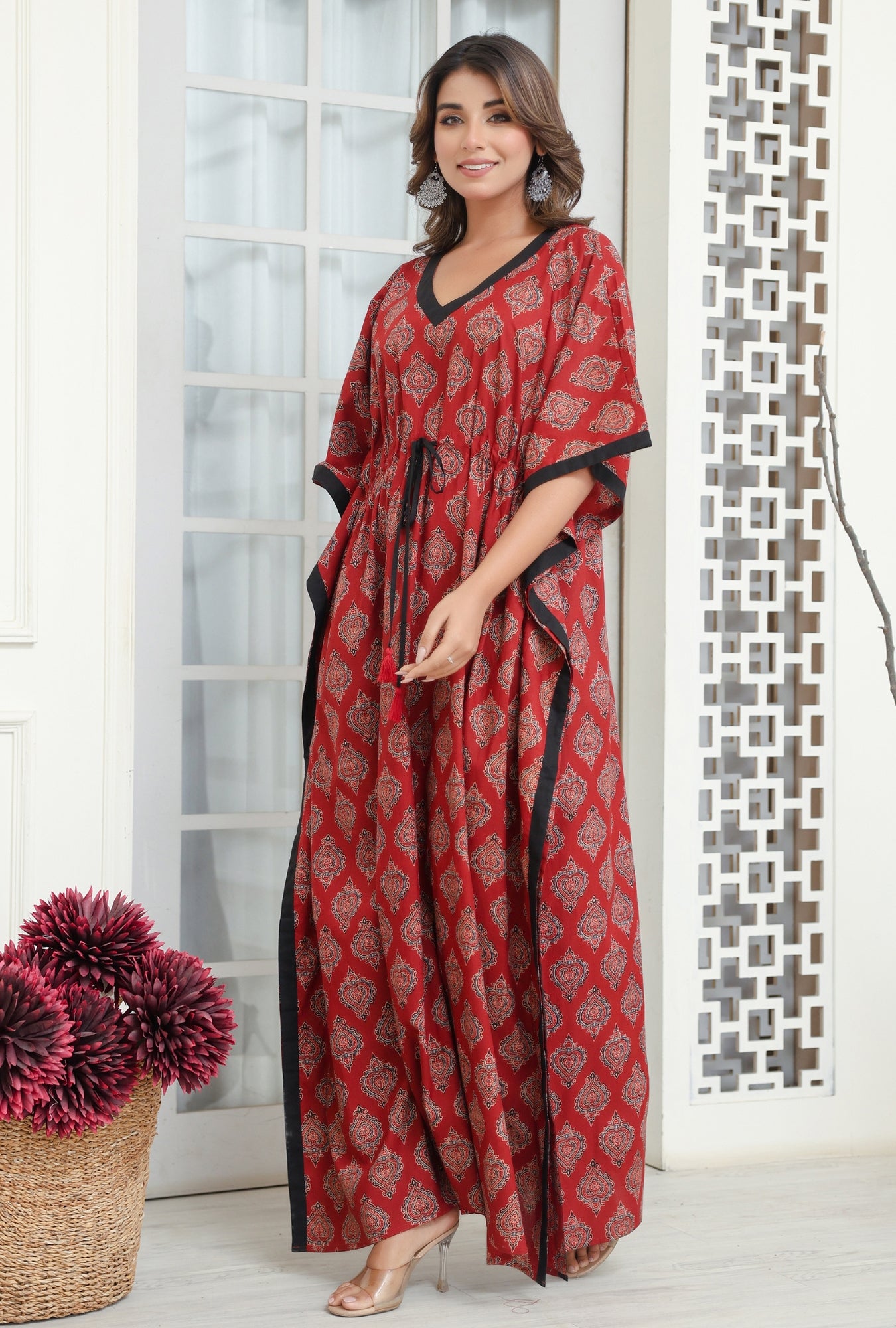 Ajrak Buta Maroon Printed Cotton Loungewear Kaftan