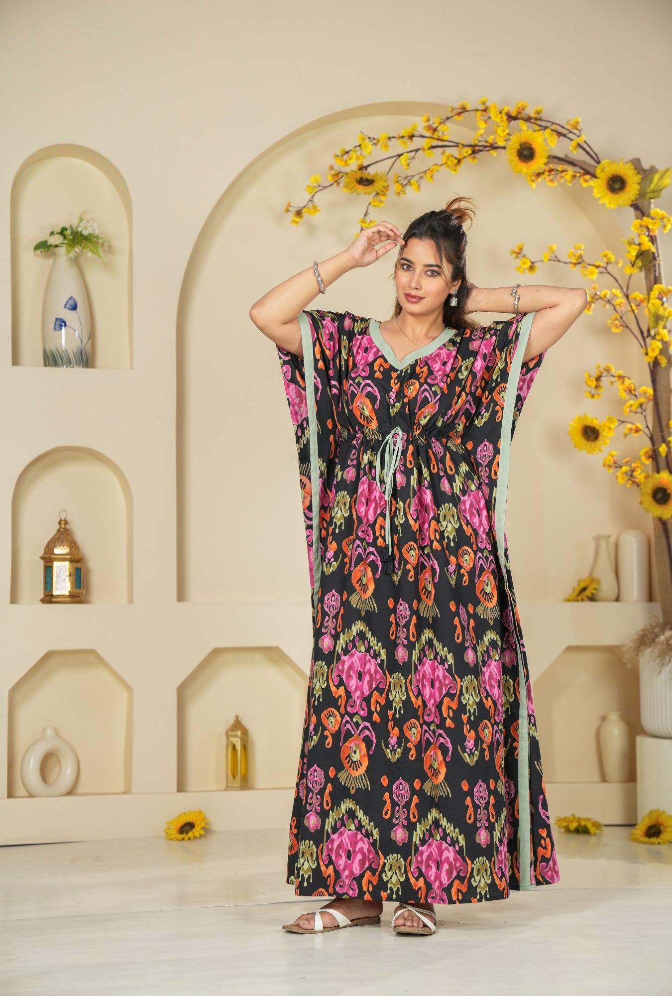 Ikkat Black Loungewear Cotton Kaftan