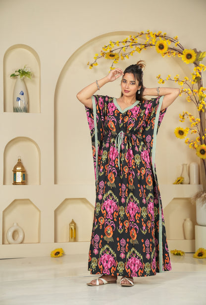 Ikkat Black Loungewear Cotton Kaftan