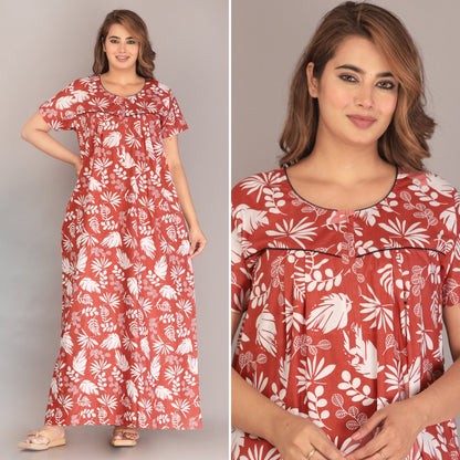 Pine Leaf Rust Cotton Printed Nightwear Gowns