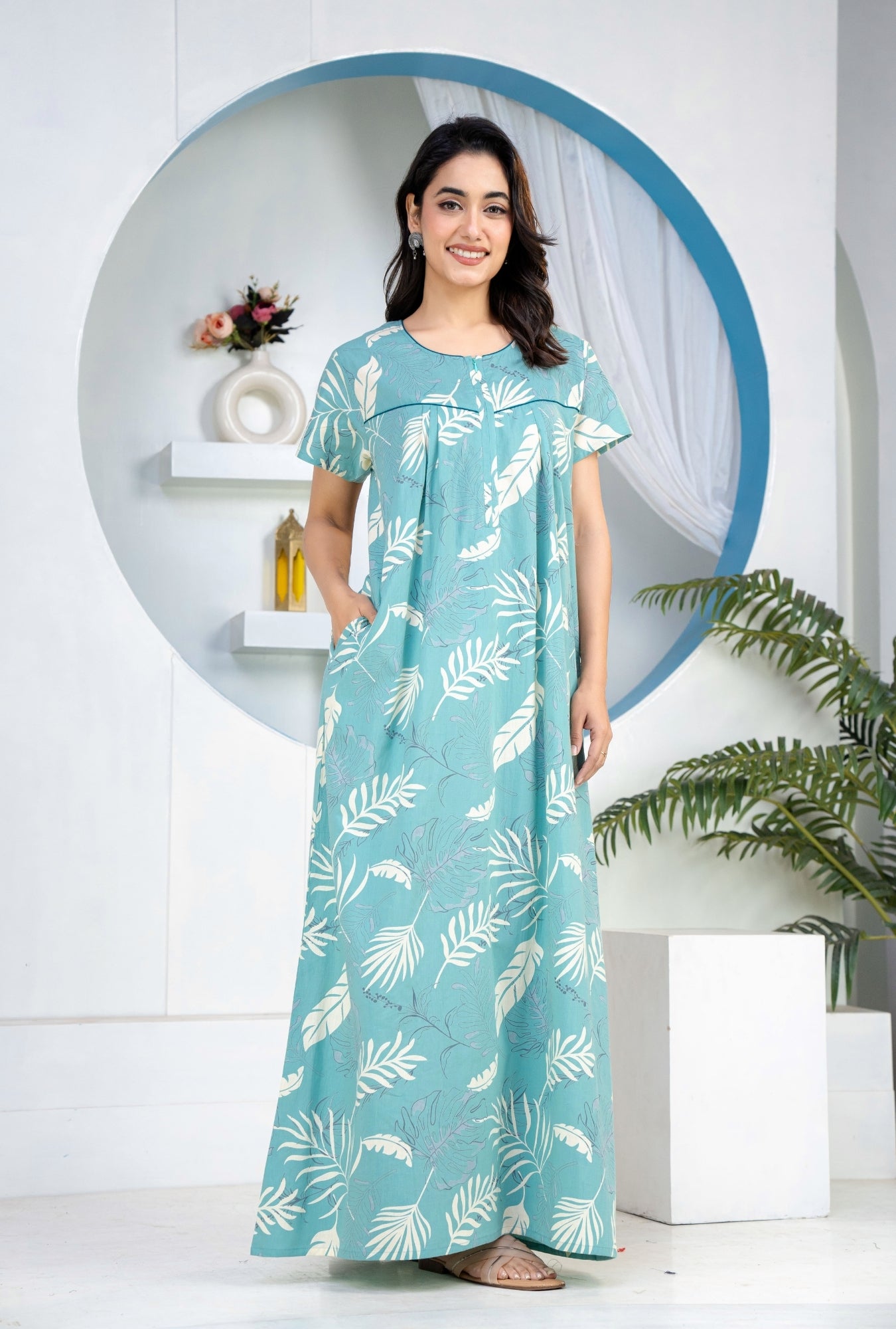 Plum Leaf Sea Green Cotton Printed Nightwear Gowns