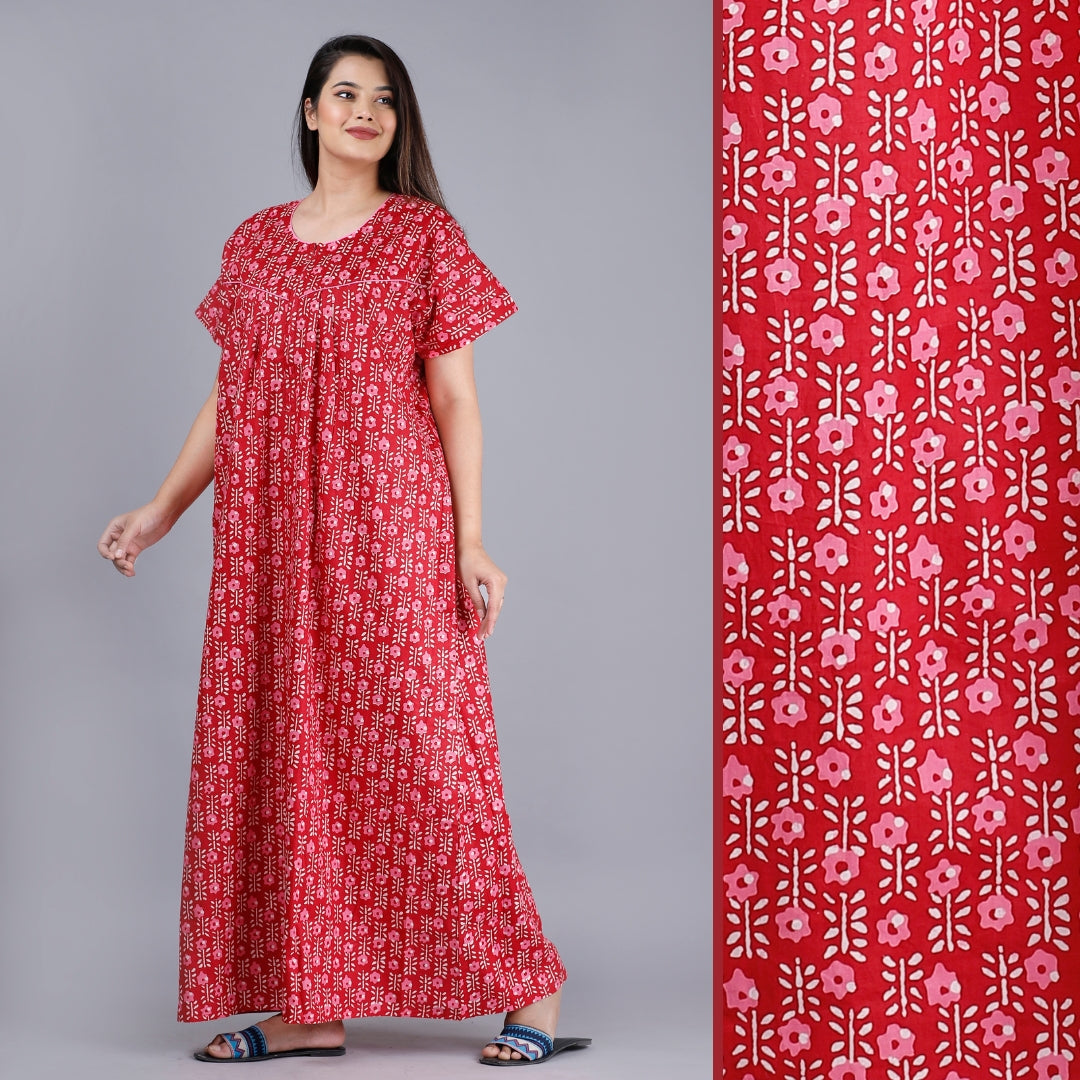 Flower Red Cotton Nightwear Gowns