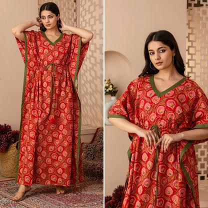 Neo Ethnic Red Printed Cotton Loungewear Kaftan