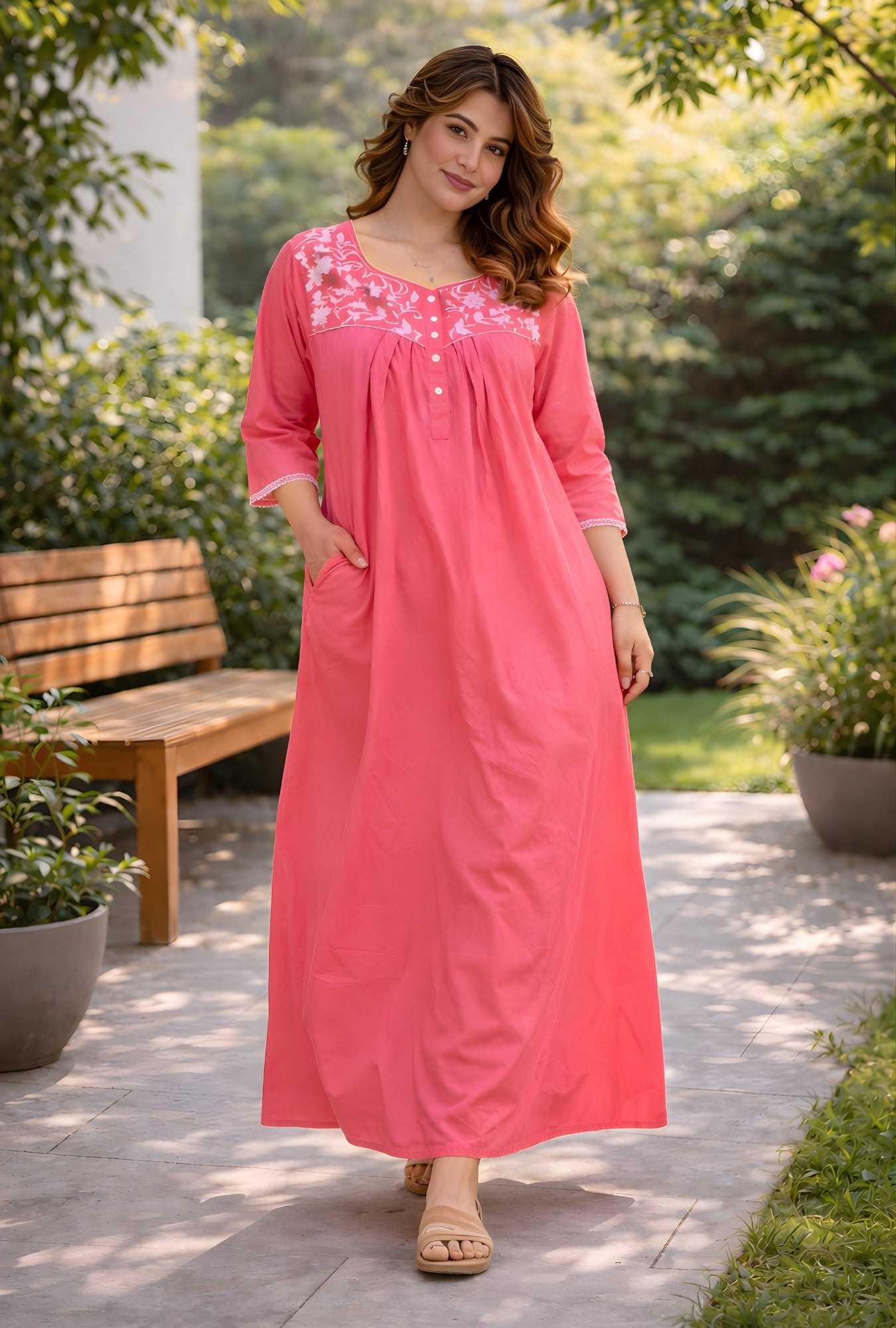 Flamingo Pink Floral Yoke Cotton Night Gown