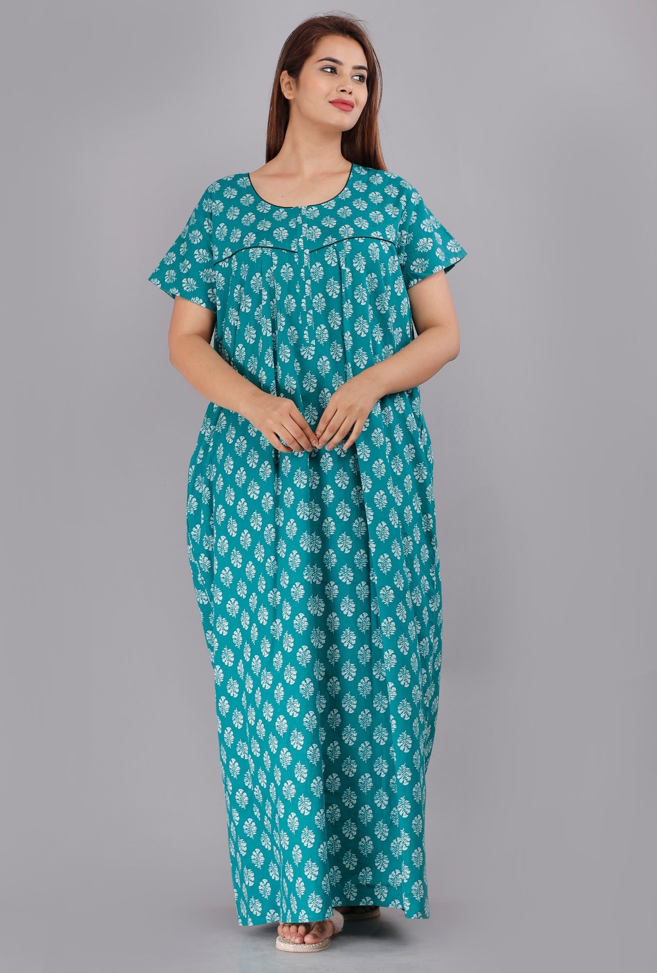 Gulmohar Sea Green Cotton Printed Nightwear Gowns