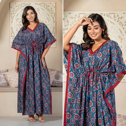 Maharani Motif Blue Cotton Loungewear Kaftan