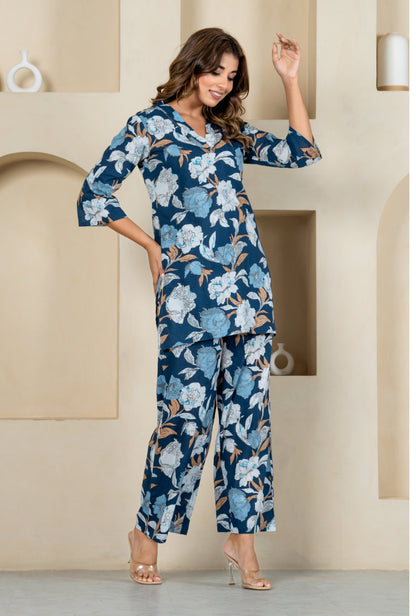 Orchid Oasis Blue Cotton Loungewear Co-ords Set