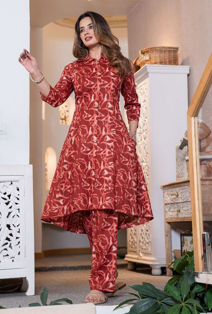 Rustic Petals Red Printed Cotton Co-ords Set