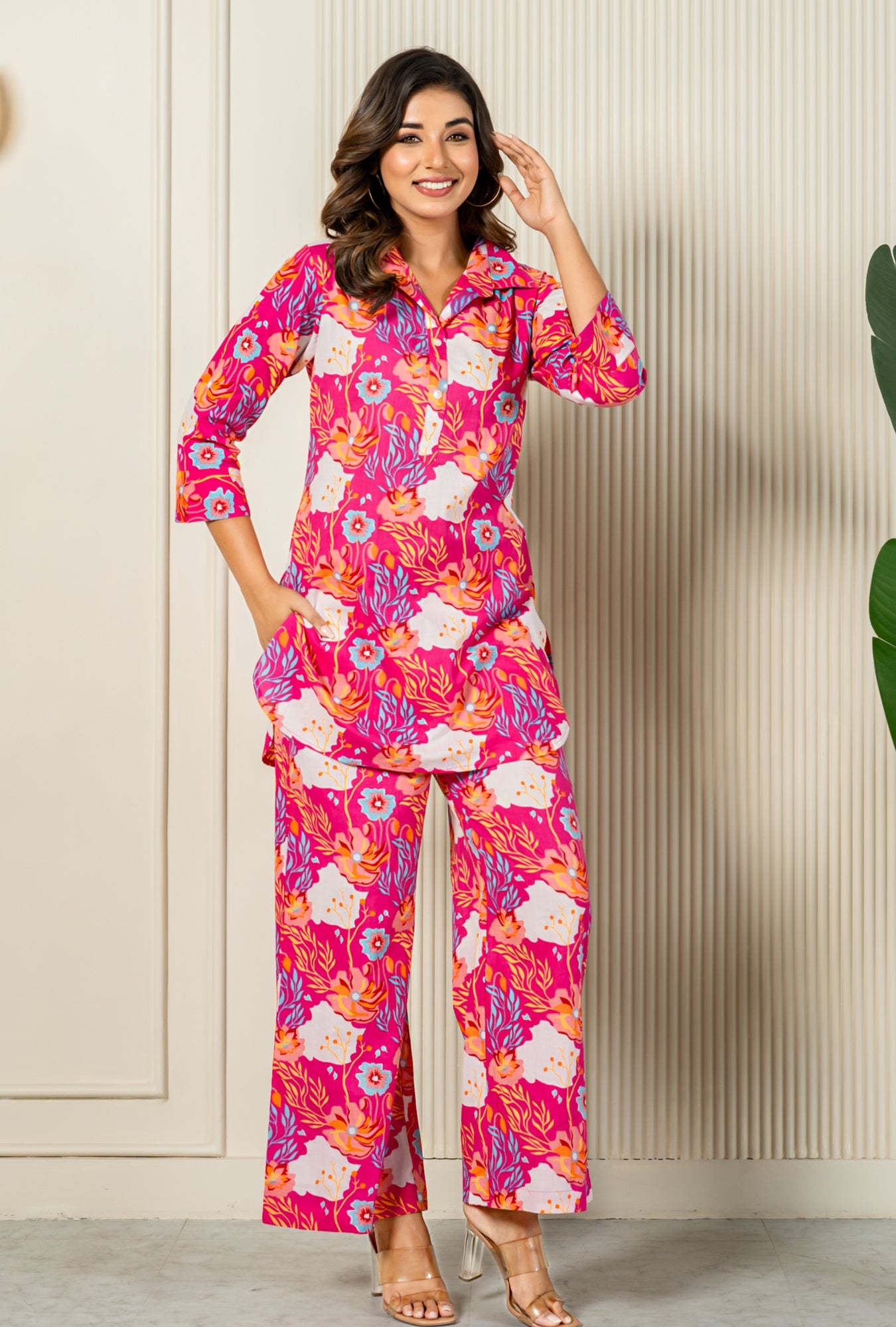 Rosette Delight Pink Cotton Loungewear Co-ords Set