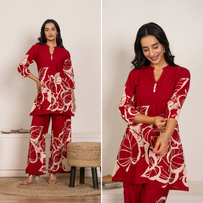 Royal Rhythm Red Printed Cotton Co-ords Set