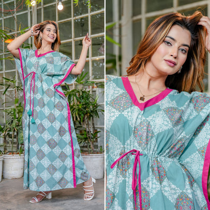 Pastel Bloom Sea Green Cotton Loungewear Kaftan