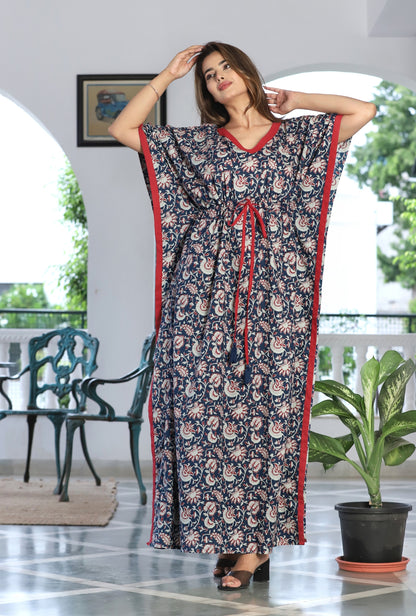 Kalamkari Blue Printed Cotton Loungewear Kaftan